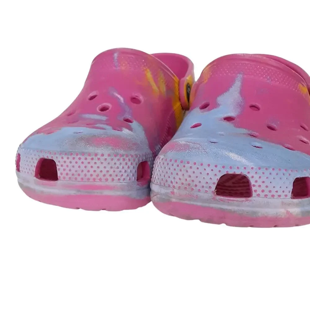 Crocs Clogs Juniors 1 Pink Tie Dye Swirl Water Shoes Summer Slip On Comfort